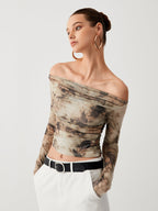 Off Shoulder Long Sleeve Tulle Mesh Crop Top