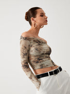 Off Shoulder Long Sleeve Tulle Mesh Crop Top