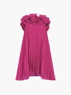 Mesh Accented Rosette Pleated Mini Dress