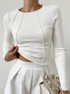 Classic Long Sleeve Top with Contrast Piping Detail
