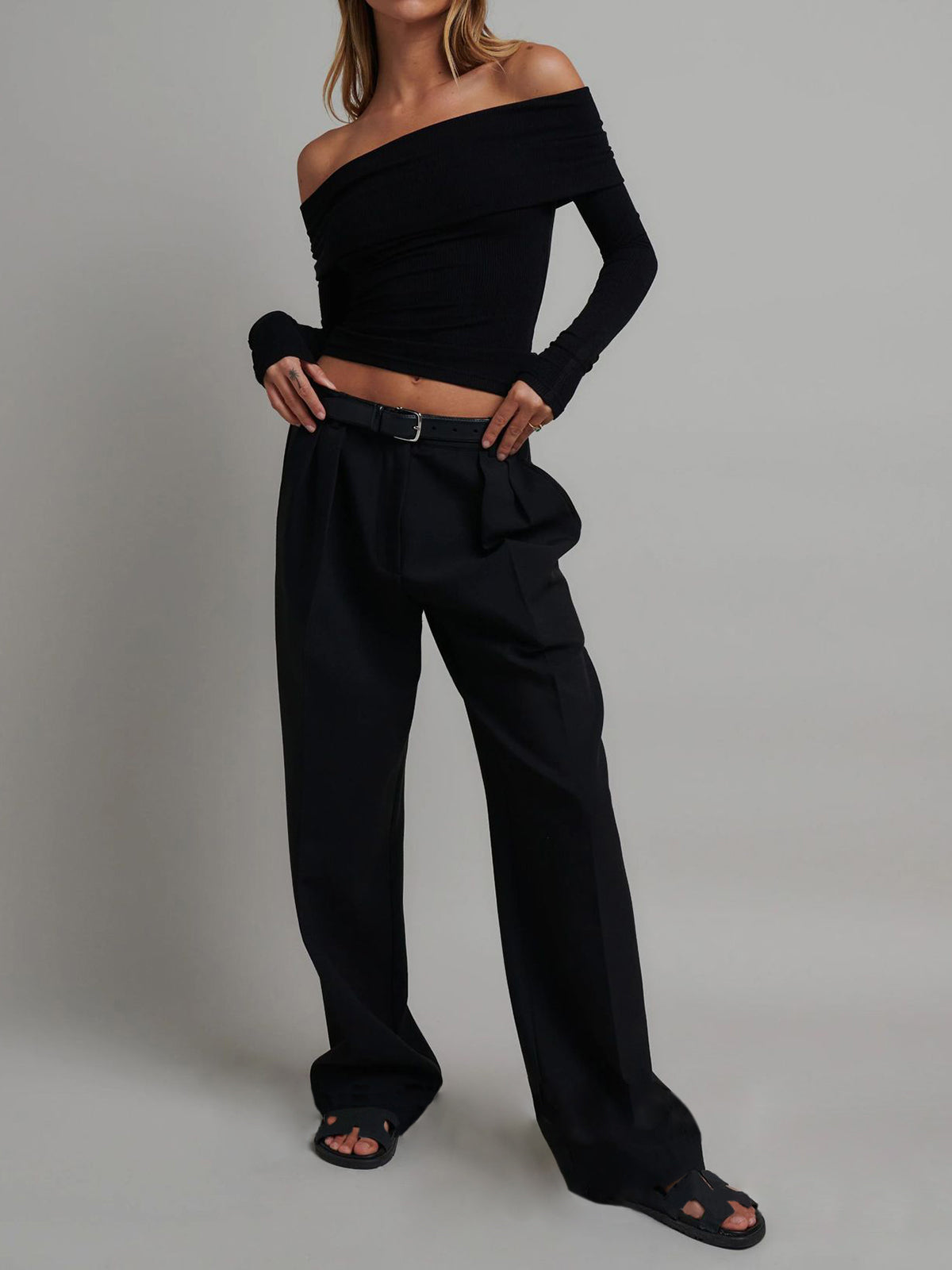 Off Shoulder Long Sleeve Foldover Crop Top