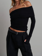 Off Shoulder Long Sleeve Foldover Crop Top