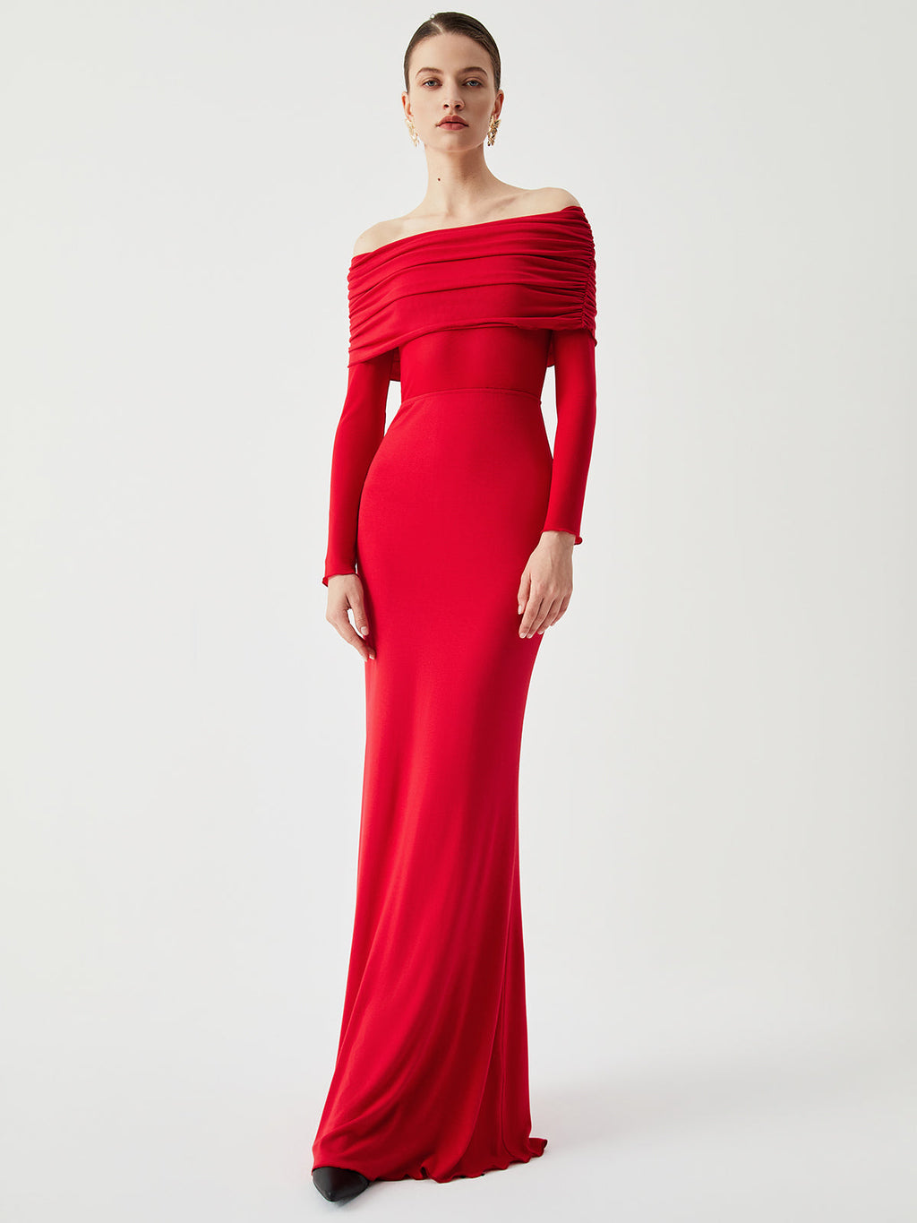 Semi-Sheer Mesh Long Sleeve Off-Shoulder Maxi Dress
