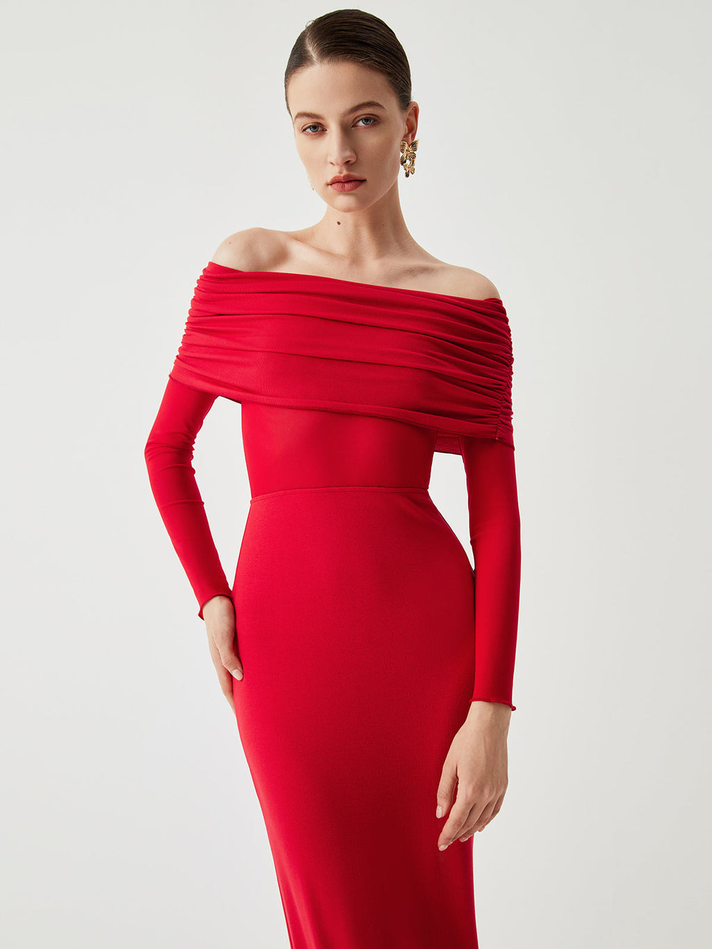 Semi-Sheer Mesh Long Sleeve Off-Shoulder Maxi Dress