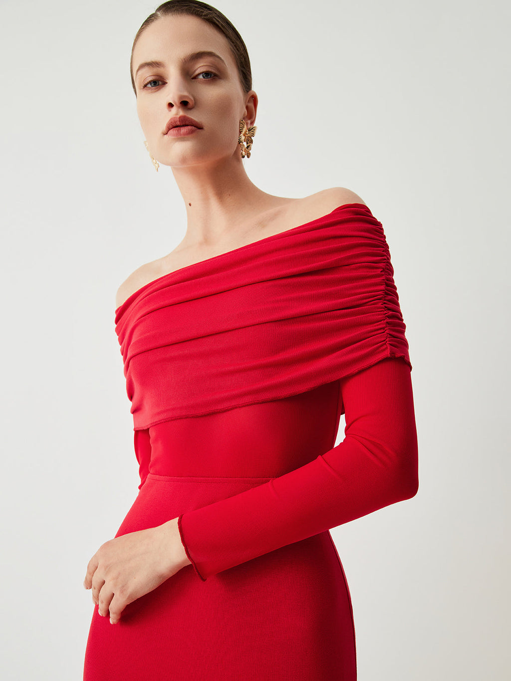Semi-Sheer Mesh Long Sleeve Off-Shoulder Maxi Dress