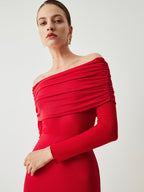 Semi-Sheer Mesh Long Sleeve Off-Shoulder Maxi Dress