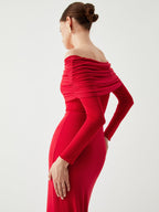 Semi-Sheer Mesh Long Sleeve Off-Shoulder Maxi Dress