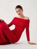 Semi-Sheer Mesh Long Sleeve Off-Shoulder Maxi Dress