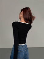 Square Neck Long Sleeve Knit Top with Trim