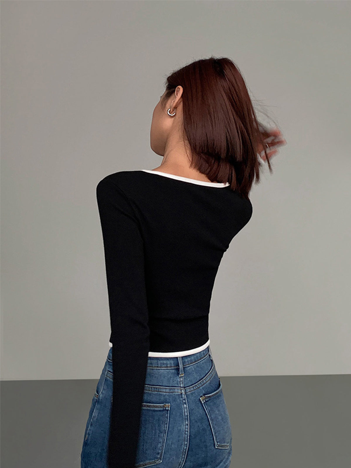 Square Neck Long Sleeve Knit Top with Trim