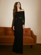 Semi-Sheer Mesh Long Sleeve Off-Shoulder Maxi Dress