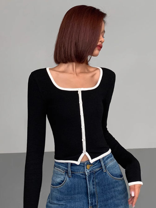 Square Neck Long Sleeve Knit Top with Trim
