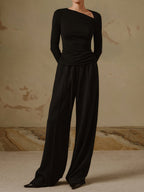 Ribbed Long Sleeve Shirt with Asymmetric Hem