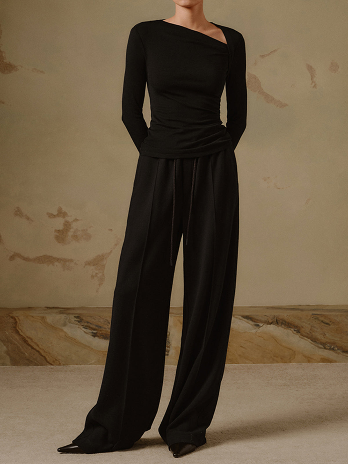 Ribbed Long Sleeve Shirt with Asymmetric Hem