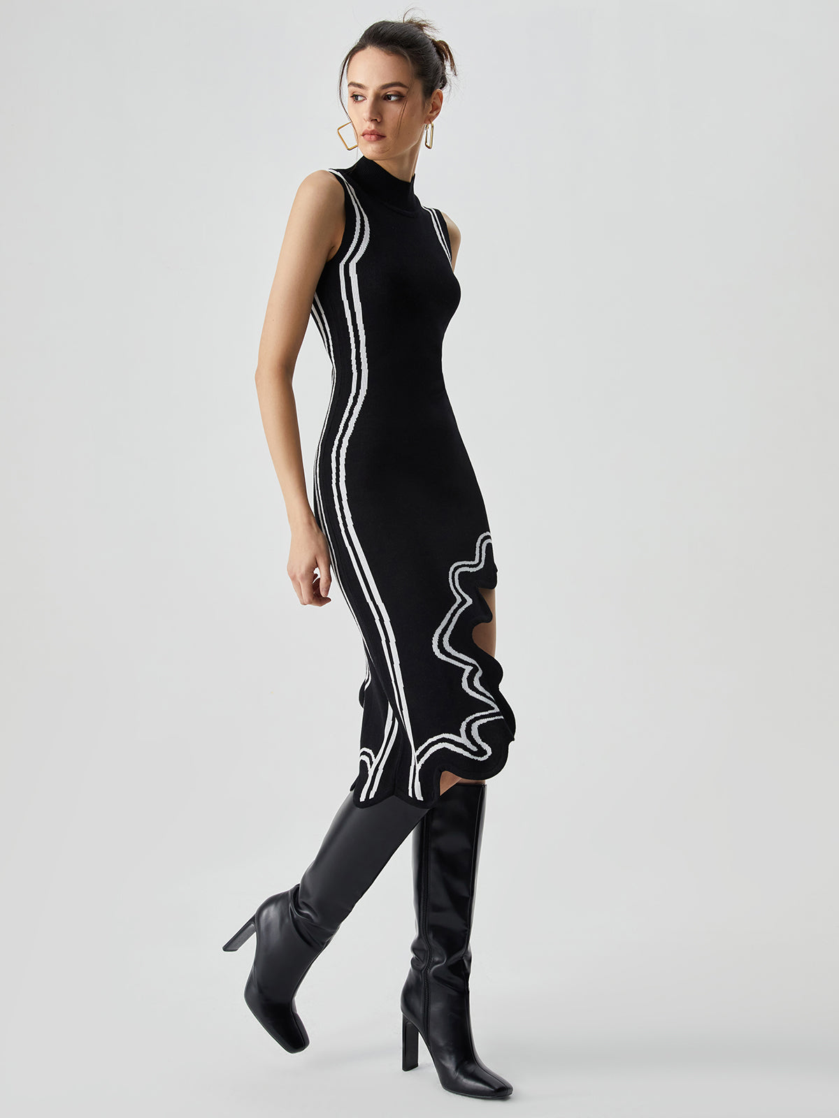 Asymmetric Knit Midi Dress with Contrast Mock Neck