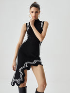 Asymmetric Knit Midi Dress with Contrast Mock Neck