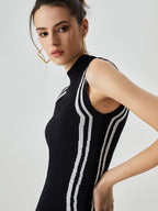 Asymmetric Knit Midi Dress with Contrast Mock Neck