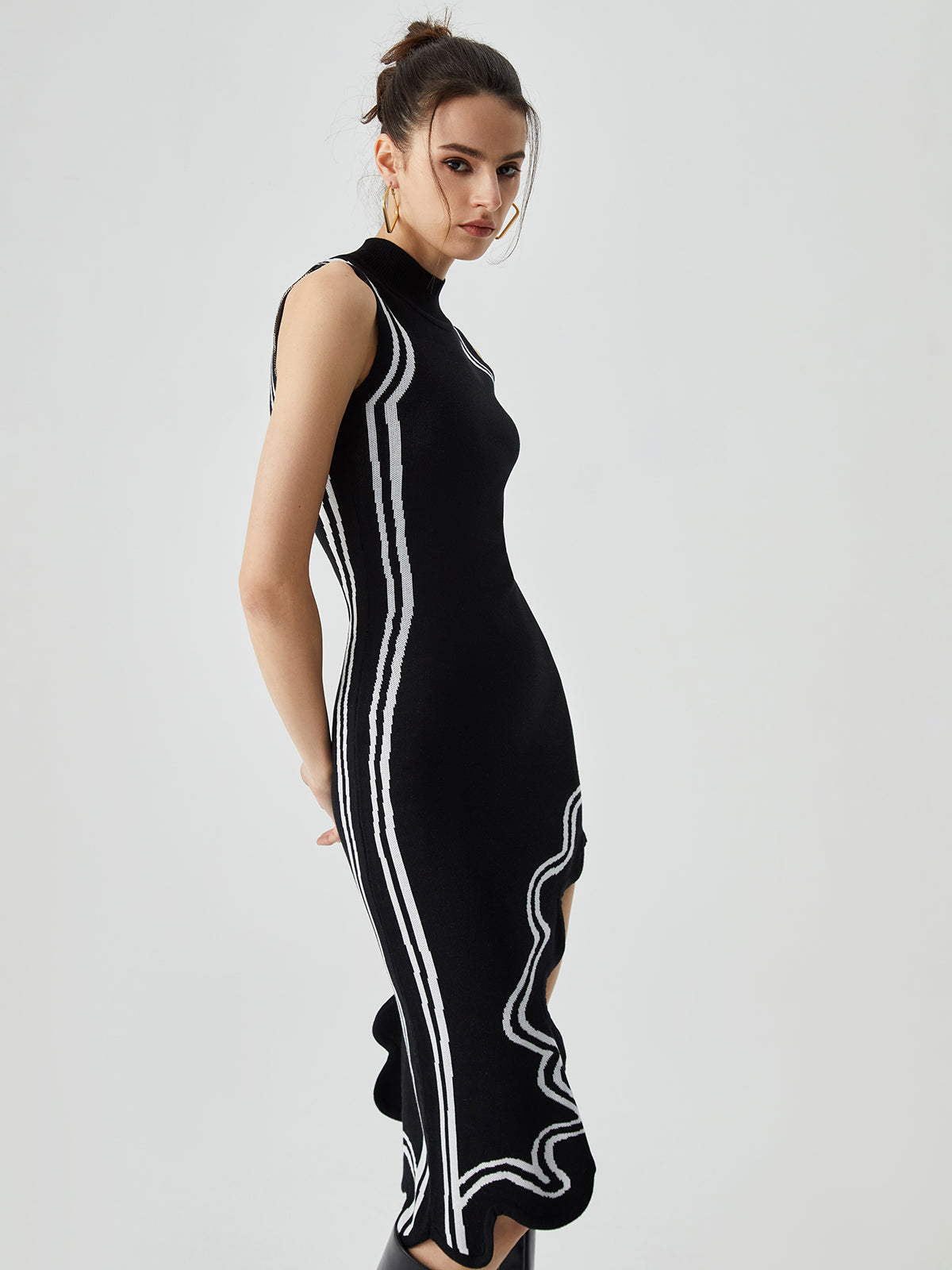 Asymmetric Knit Midi Dress with Contrast Mock Neck