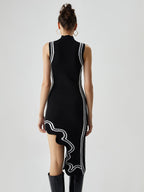 Asymmetric Knit Midi Dress with Contrast Mock Neck