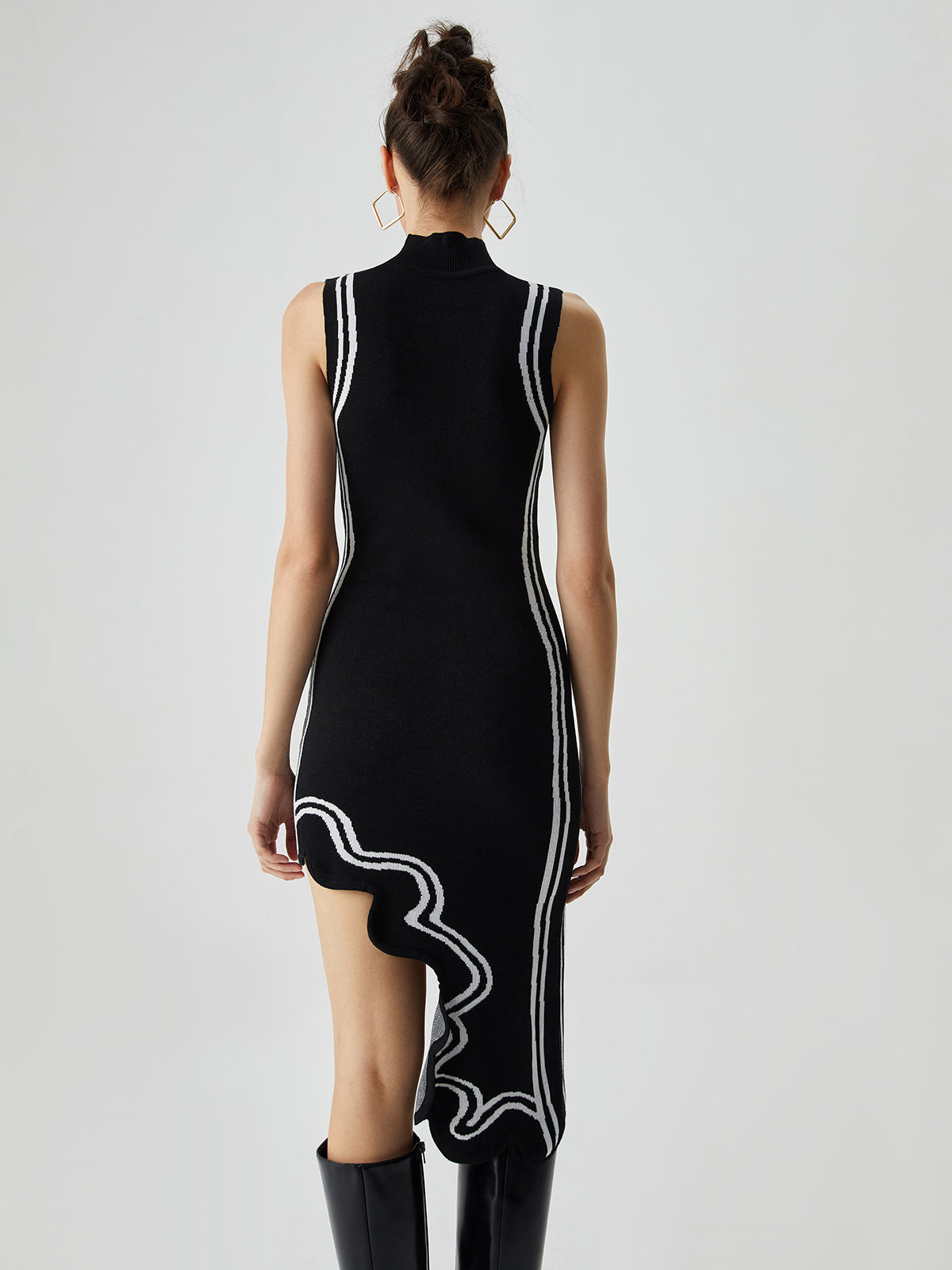 Asymmetric Knit Midi Dress with Contrast Mock Neck