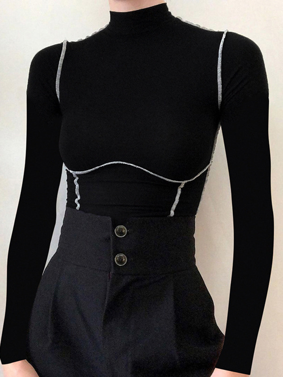 Mock Neck Top with Contrast Trim Long Sleeves
