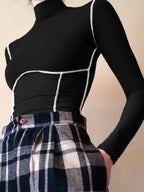 Mock Neck Top with Contrast Trim Long Sleeves