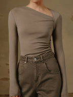Ribbed Long Sleeve Shirt with Asymmetric Hem