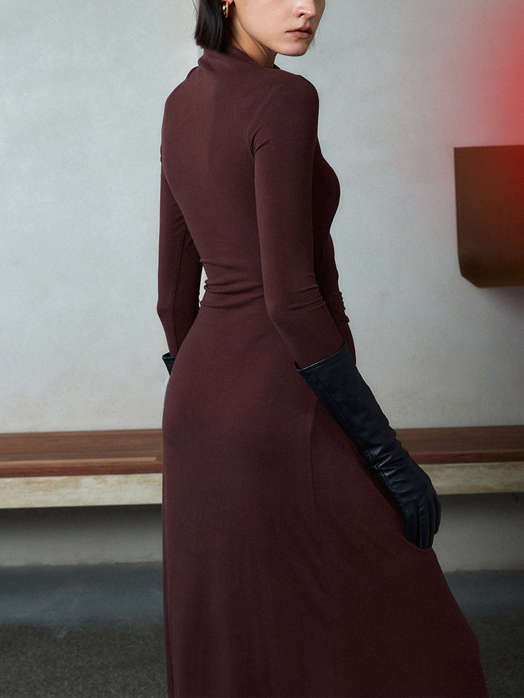 Asymmetrical Neck Long Sleeve Ruched Bodycon Maxi Dress