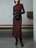 Asymmetrical Neck Long Sleeve Ruched Bodycon Maxi Dress