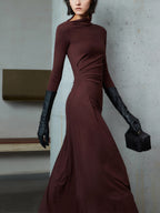 Asymmetrical Neck Long Sleeve Ruched Bodycon Maxi Dress