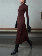 Asymmetrical Neck Long Sleeve Ruched Bodycon Maxi Dress