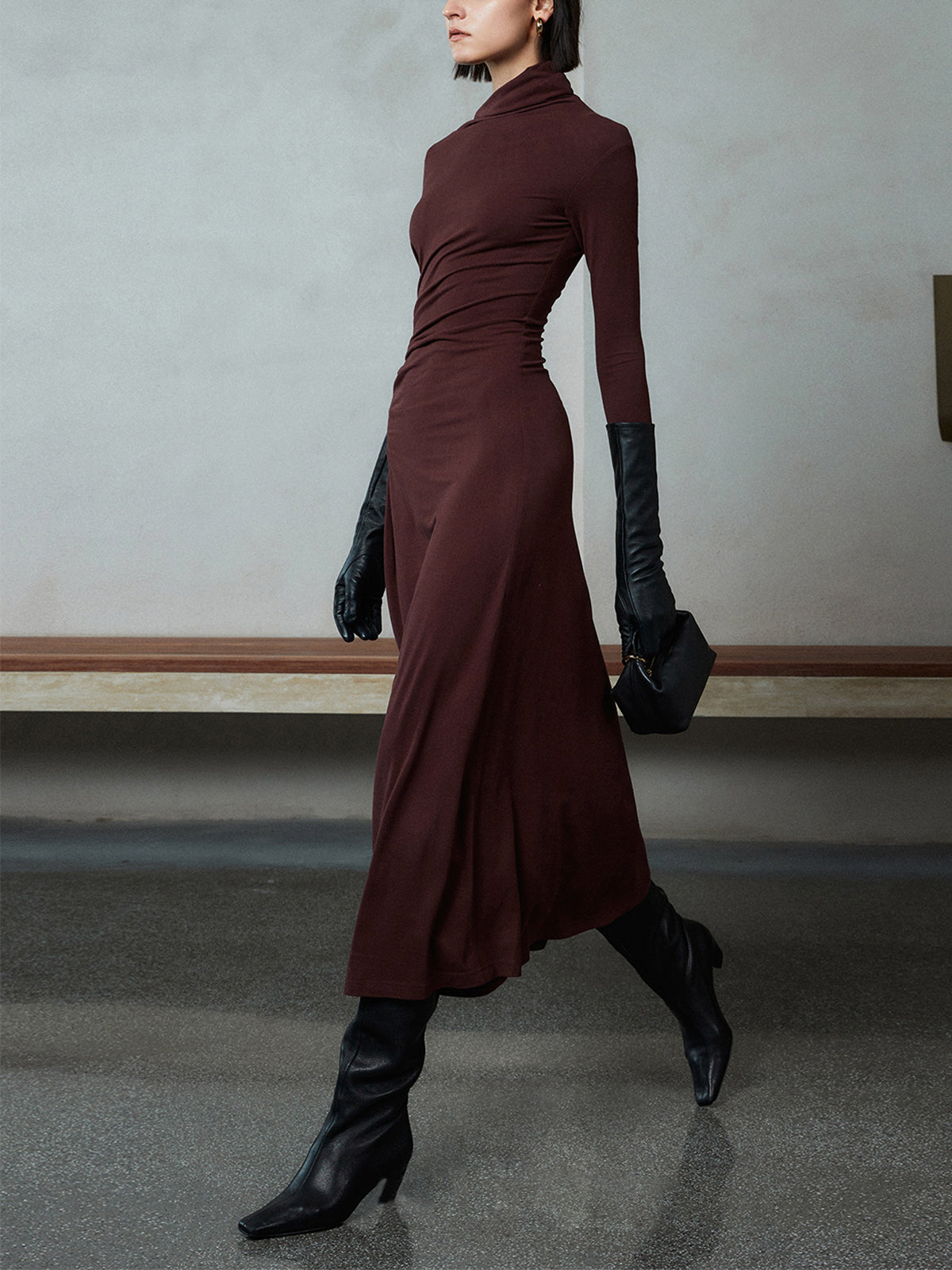 Asymmetrical Neck Long Sleeve Ruched Bodycon Maxi Dress