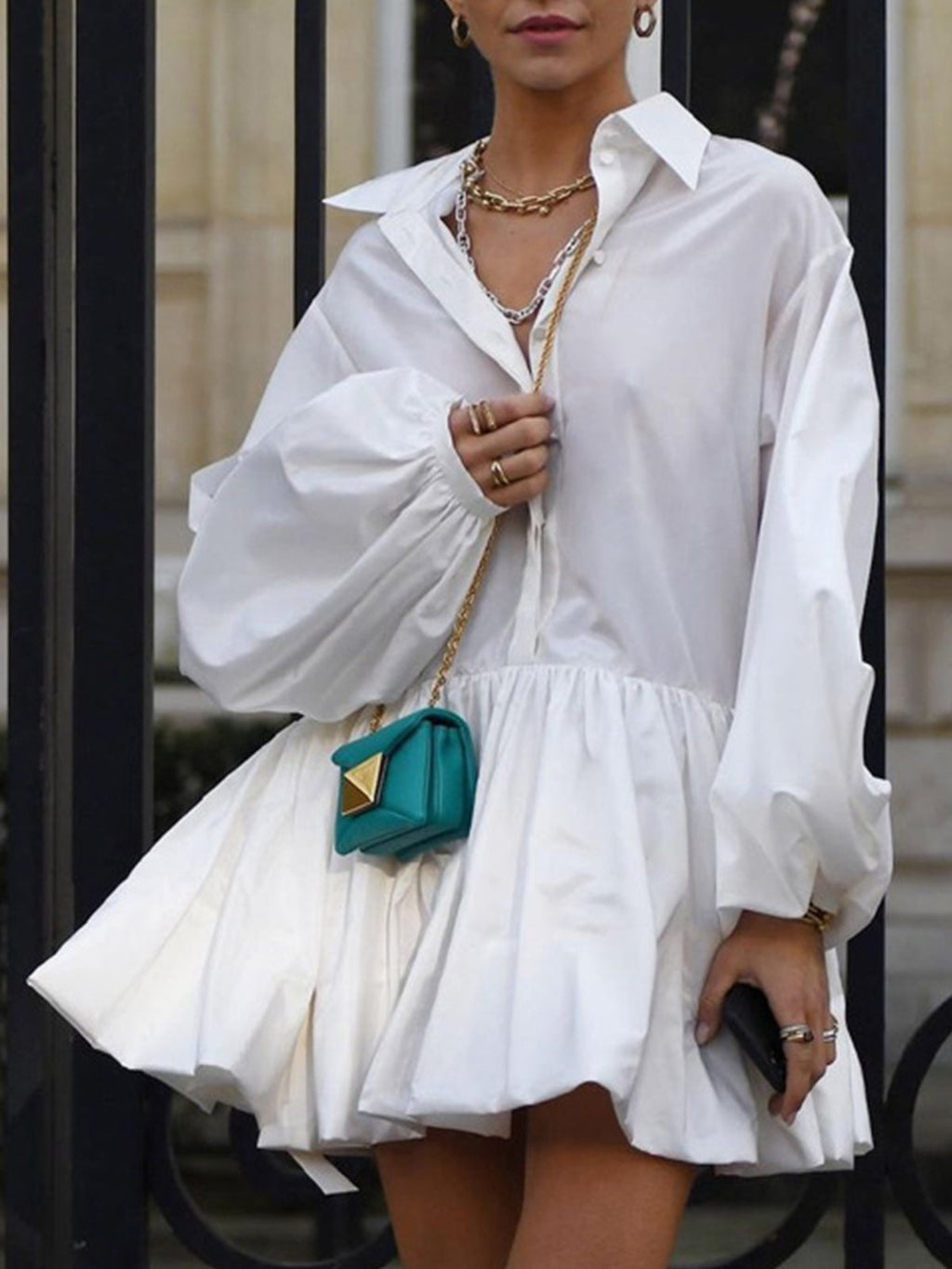 Long Sleeve Pleated Mini Dress with Collared Button-Up