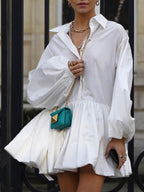 Long Sleeve Pleated Mini Dress with Collared Button-Up