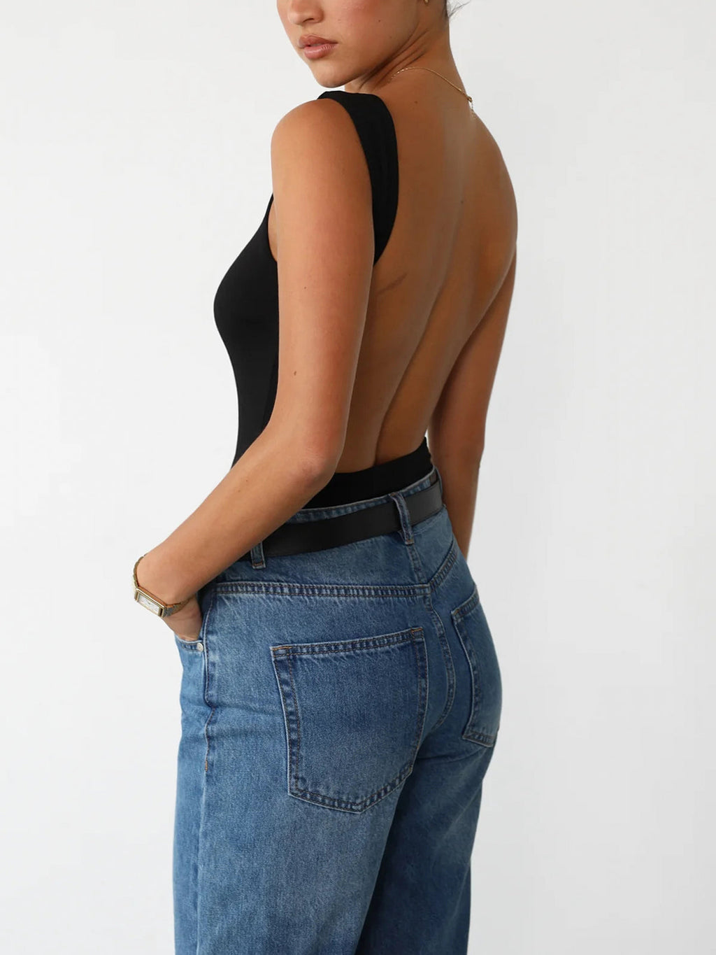 Slinky Sleeveless Bodysuit with Open Back Design