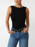 Slinky Sleeveless Bodysuit with Open Back Design
