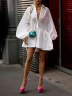 Long Sleeve Pleated Mini Dress with Collared Button-Up