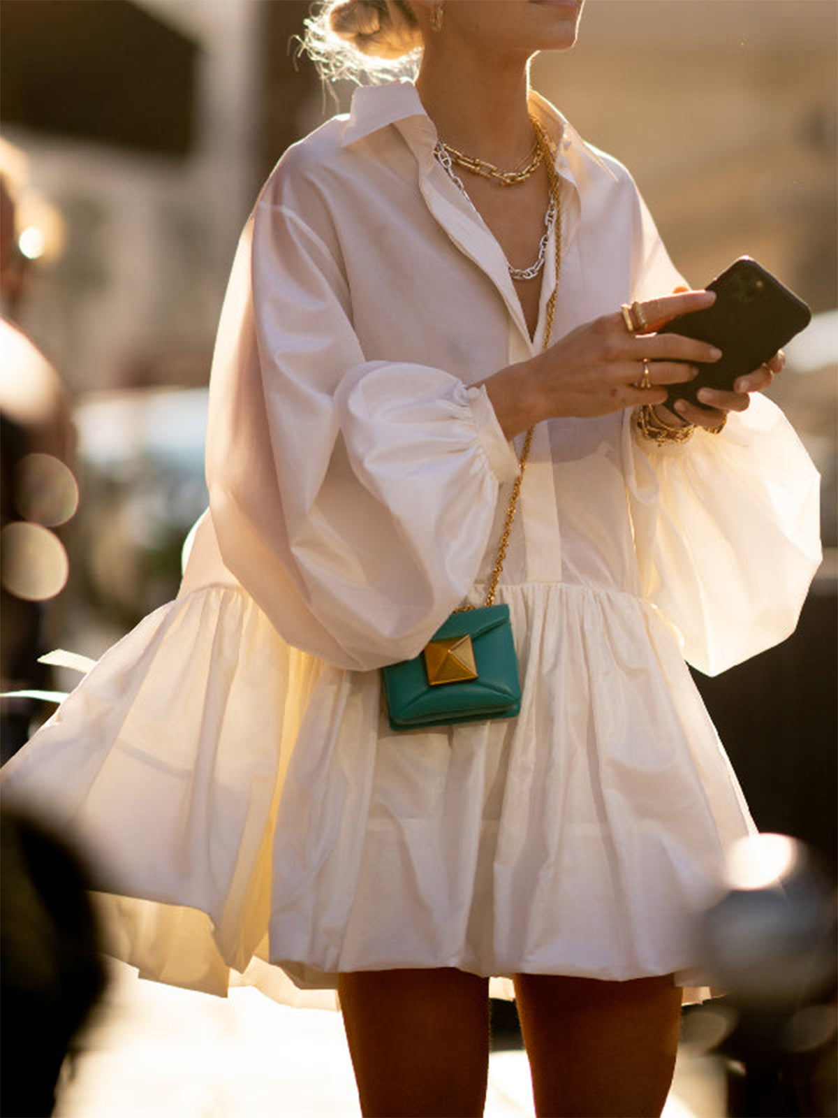 Long Sleeve Pleated Mini Dress with Collared Button-Up