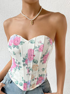 Floral Heart-Shaped Neckline Corset Top