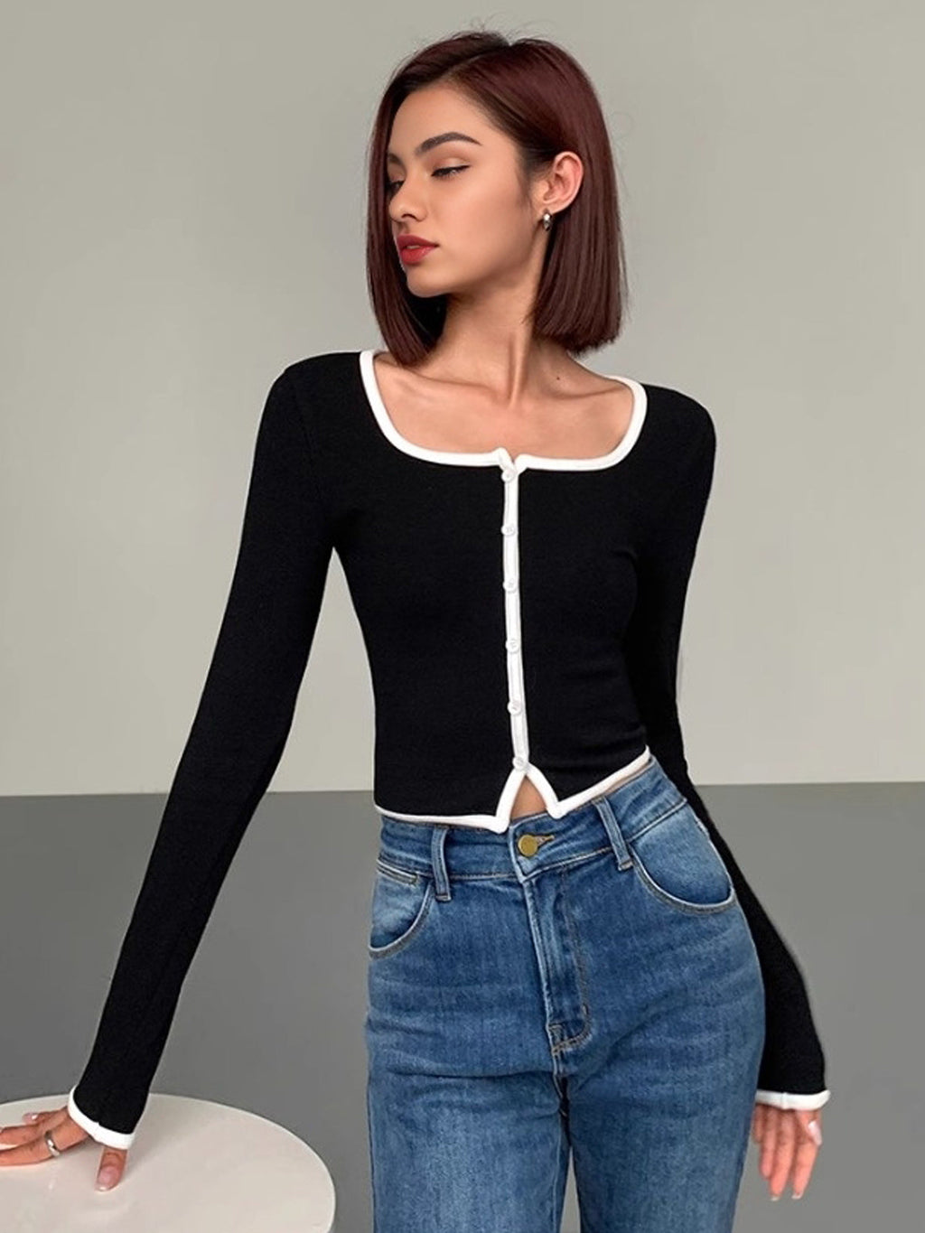Square Neck Long Sleeve Knit Top with Trim