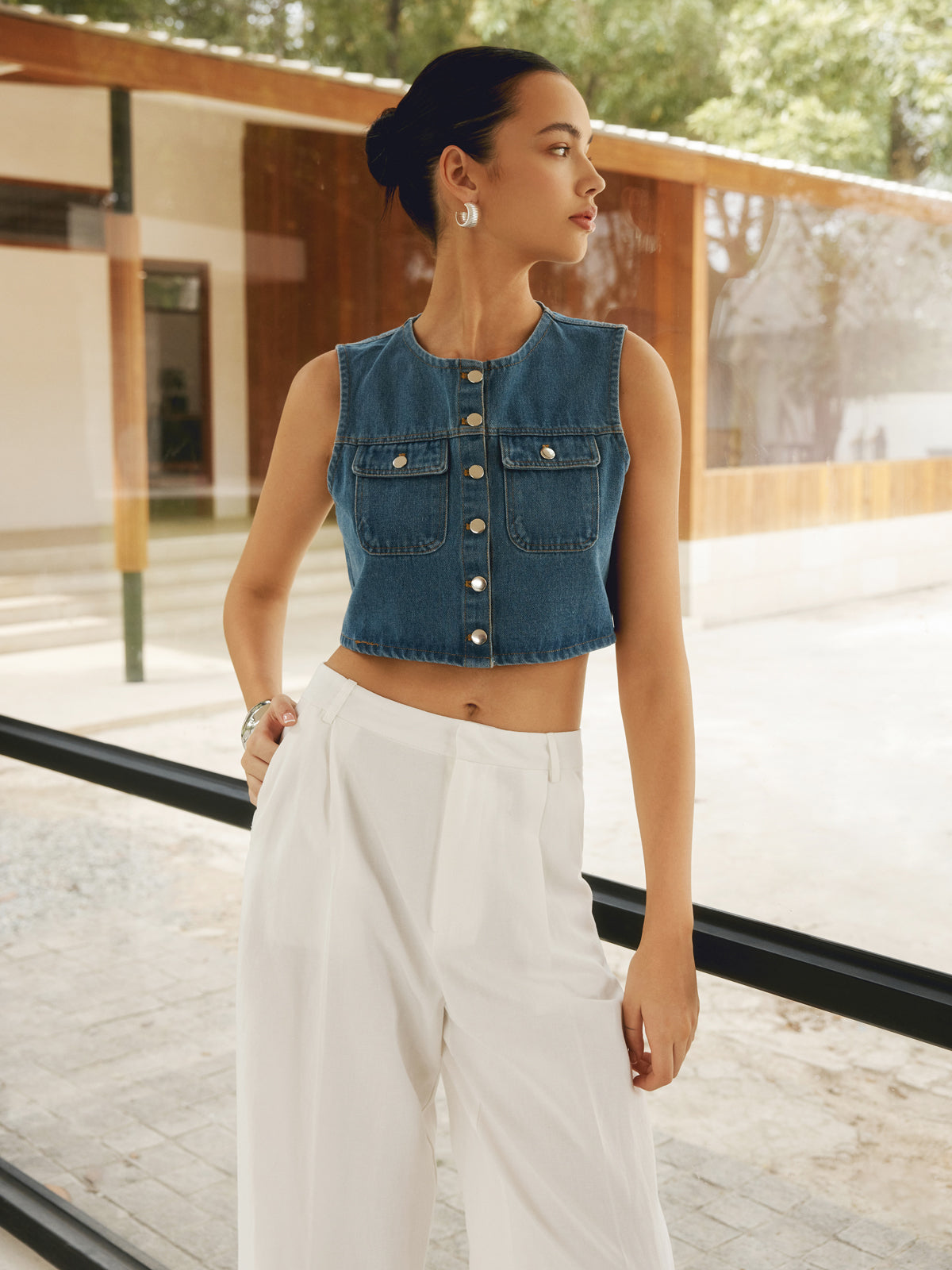 Double Pocket Button-Up Denim Shirt