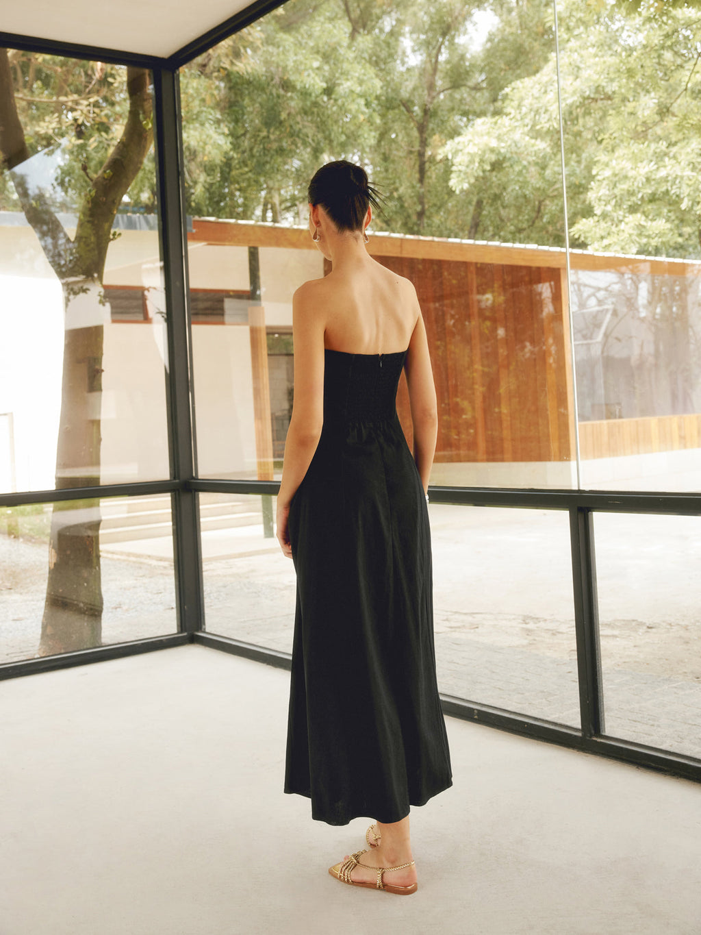 Linen Blend Long Dress with Basic Pockets