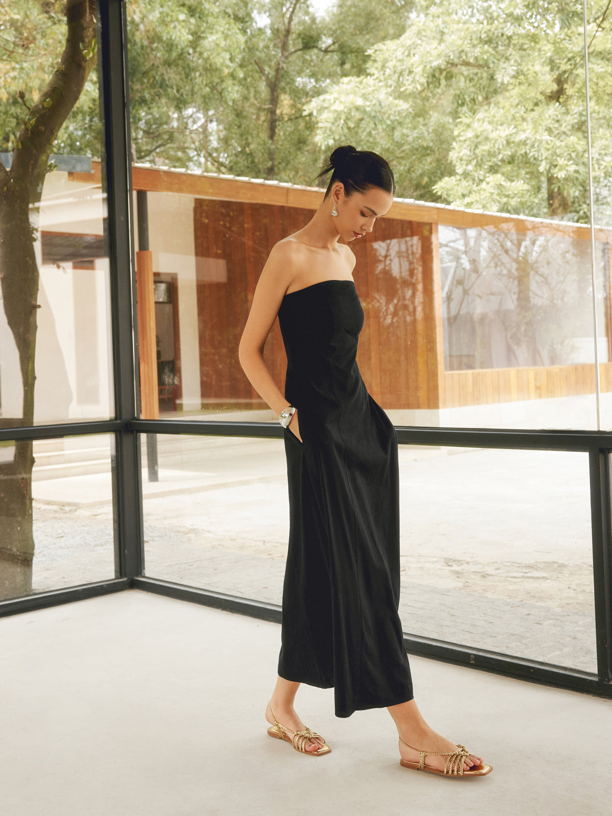 Linen Blend Long Dress with Basic Pockets