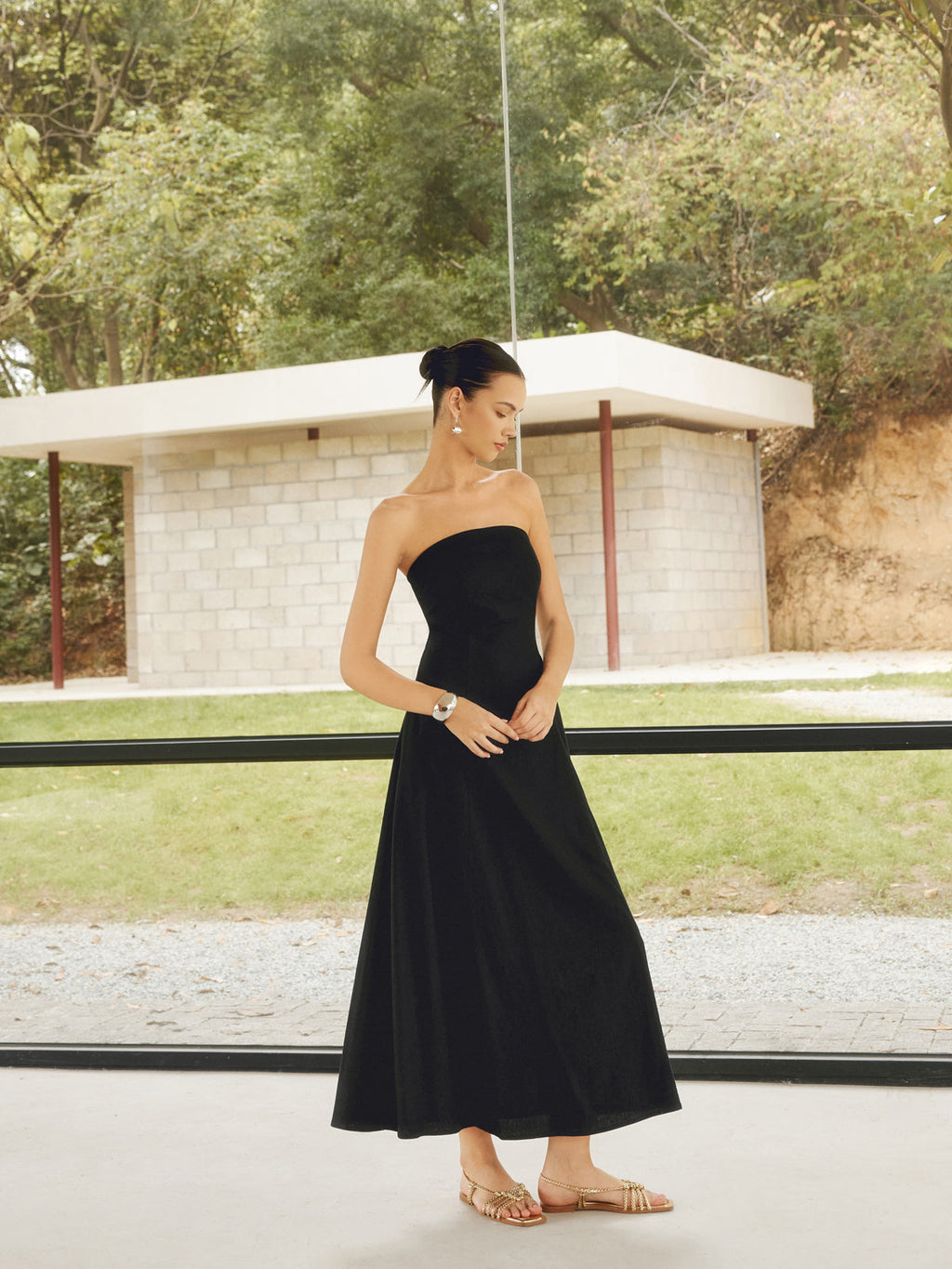 Linen Blend Long Dress with Basic Pockets
