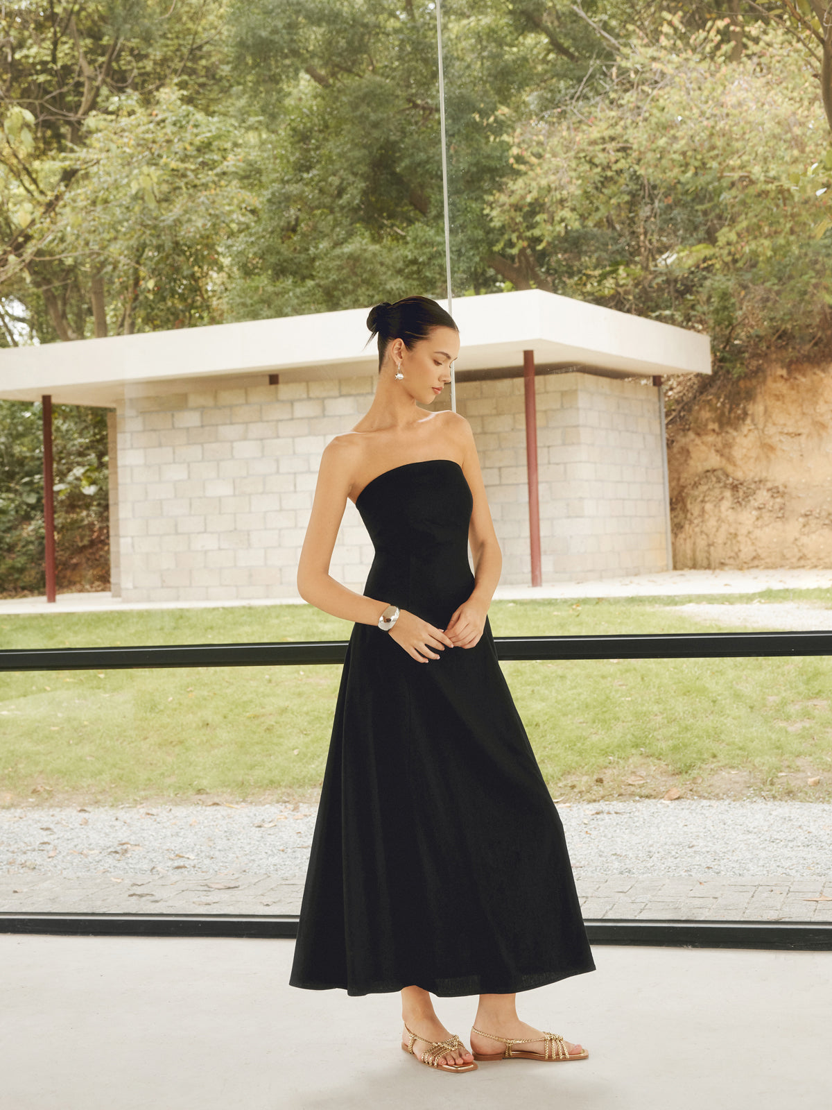 Linen Blend Long Dress with Basic Pockets