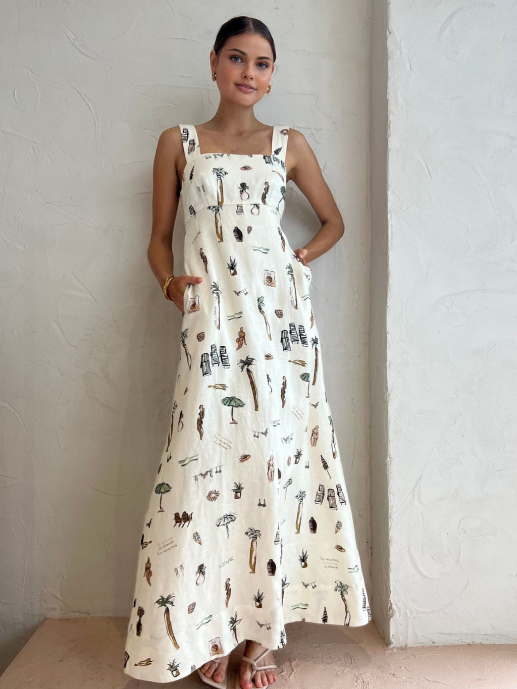 Tropical Print Long Dress with Knot Detail