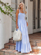 Pinstripe Shirred Cami Dress with Backless Design