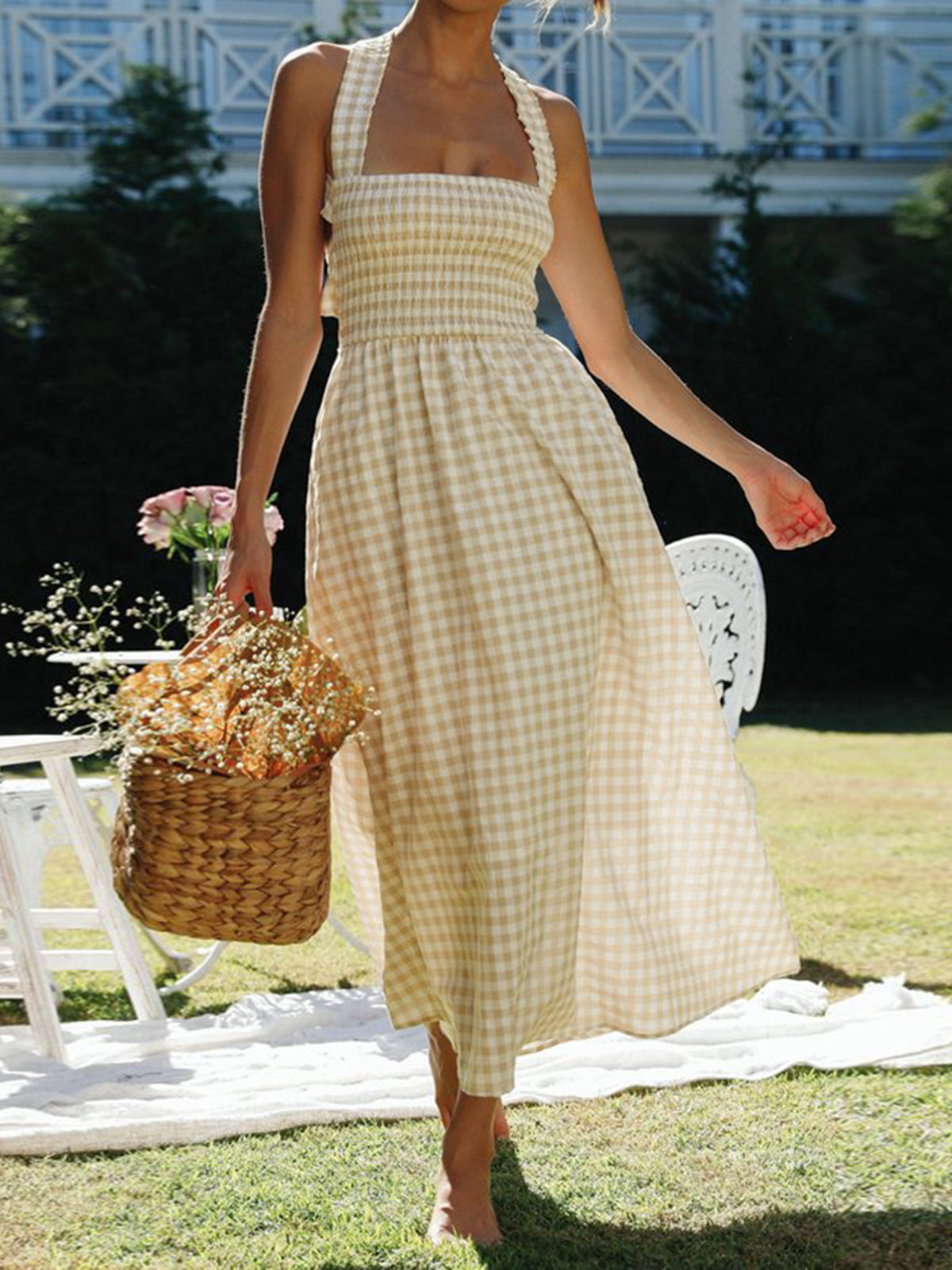 Rustic Plaid Halter Dress with Criss Cross Back