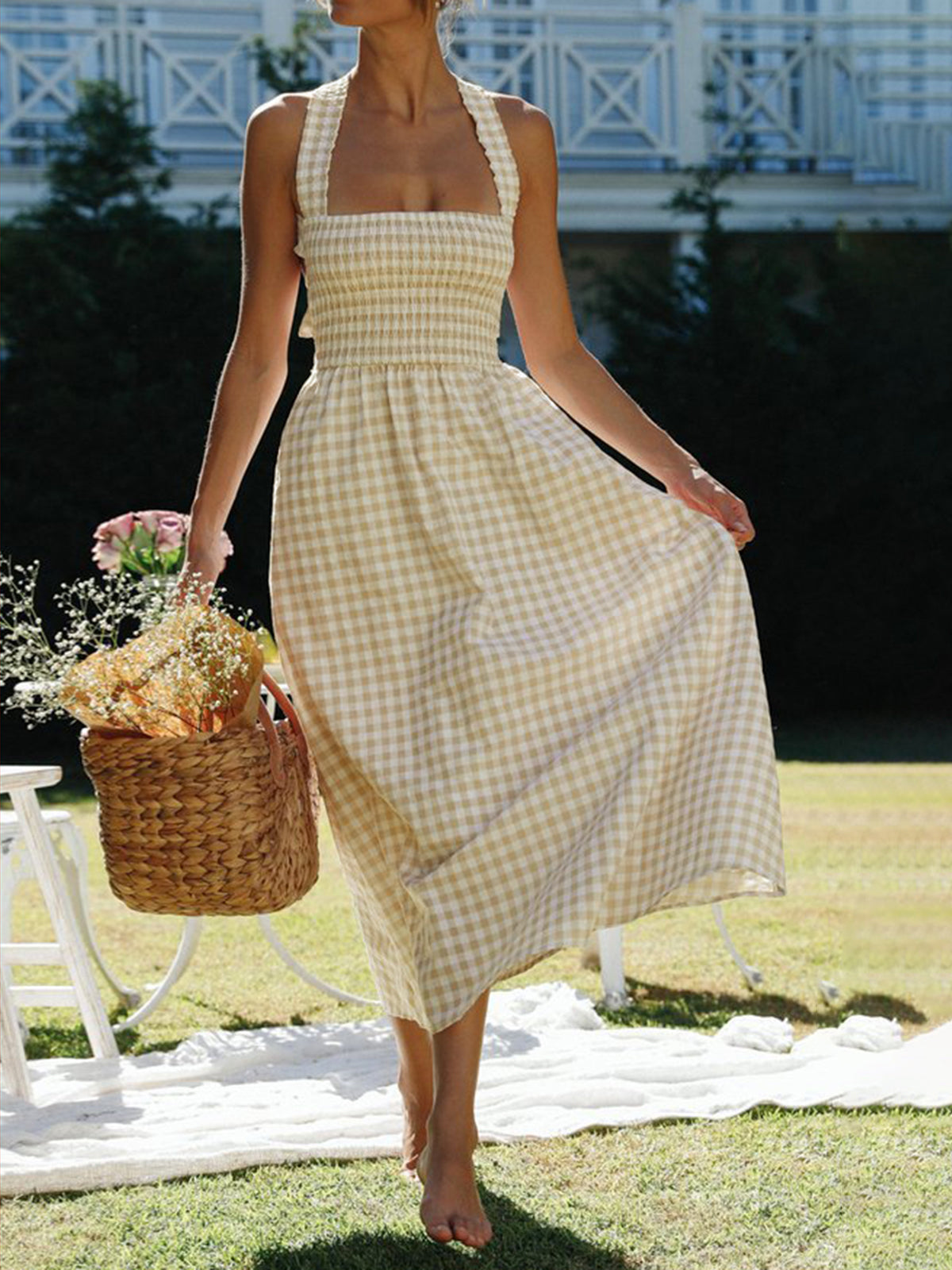 Rustic Plaid Halter Dress with Criss Cross Back