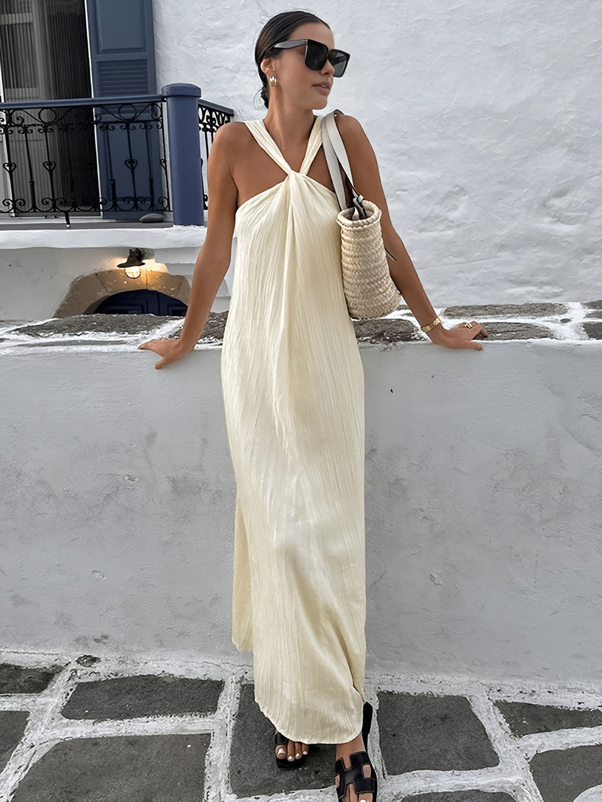 Creamy Long Halter Gown for Elegant Occasions